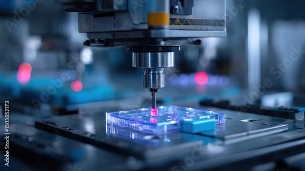 Fototapeta Close-up of precision plastic part being formed in automated injection molding unit, futuristic factory background, LED indicators and digital interface