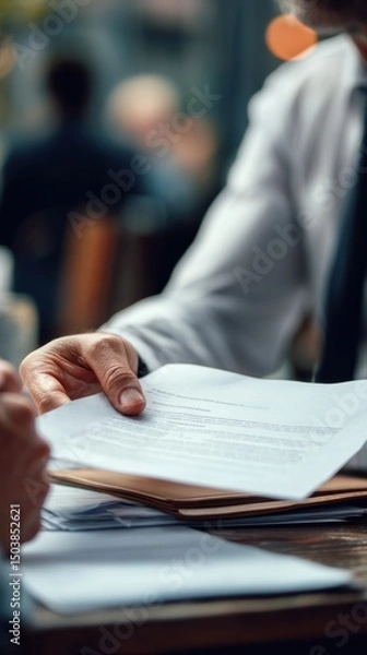 Fototapeta Close-up vertical frame of Indian lawyer showing documents to a client, supportive eye contact, certificates and law books in blurred background