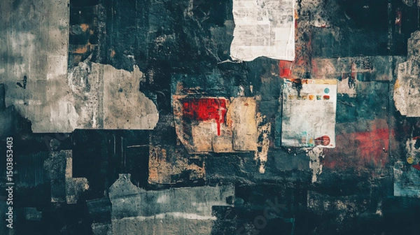 Obraz Weathered torn paper collage texture with distressed layers of ripped posters, weathered street wall surface, grunge abstract background for creative urban design and retro artistic concepts


