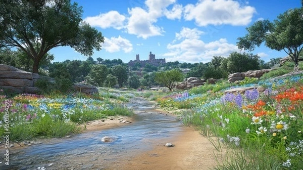 Obraz Sunny Meadow Stream Leading to Castle.  Possible Stock Photo Use