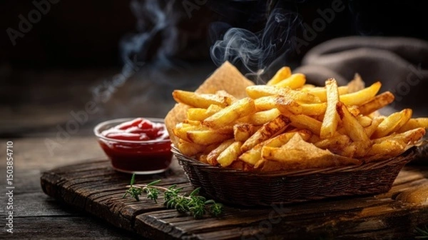 Fototapeta Golden crispy French fries in a basket on old wooden surface, visible curls of smoke, side of ketchup and herbs, moody lighting for food advertisement