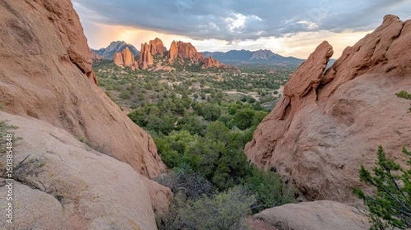 Obraz Sunset view of rock formations and valley