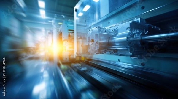 Fototapeta High-speed injection molding machine in action, shiny metal surface, plastic mold cavity visible, streamlined workflow in a brightly lit tech facility