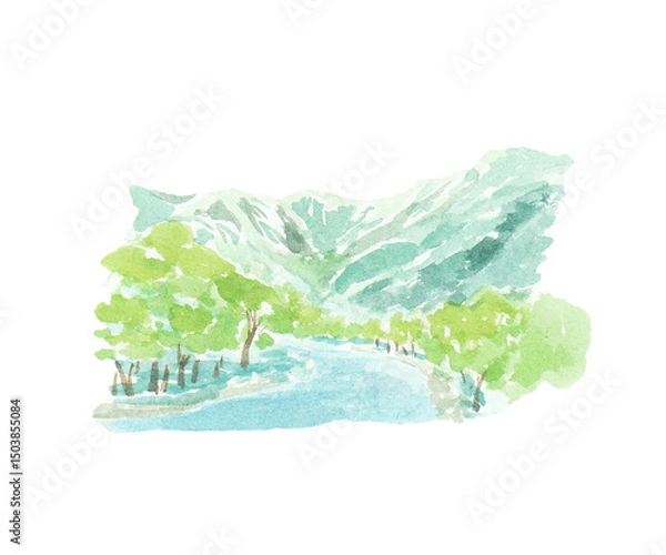 Fototapeta 水彩絵の具で描いた上高地のイメージカット