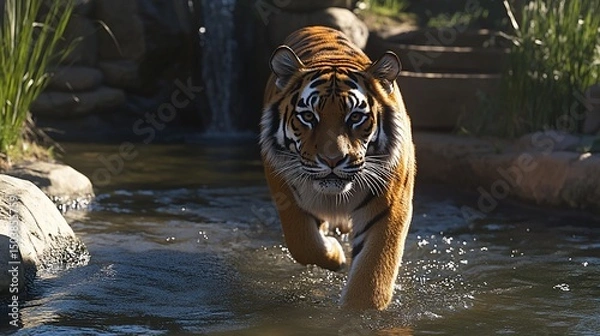 Obraz Tiger Walking in Shallow Water, Zoo Environment, Wildlife