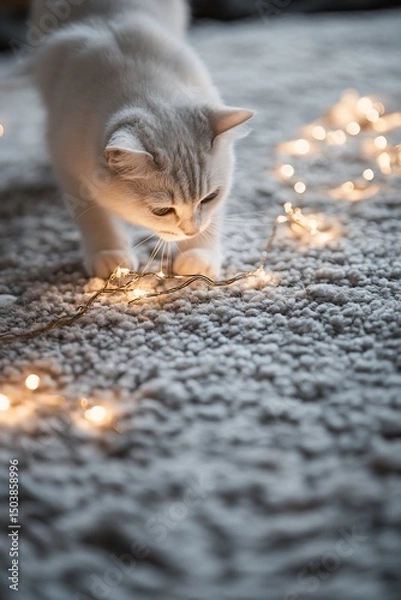 Obraz White cat playing with fairy lights on carpet