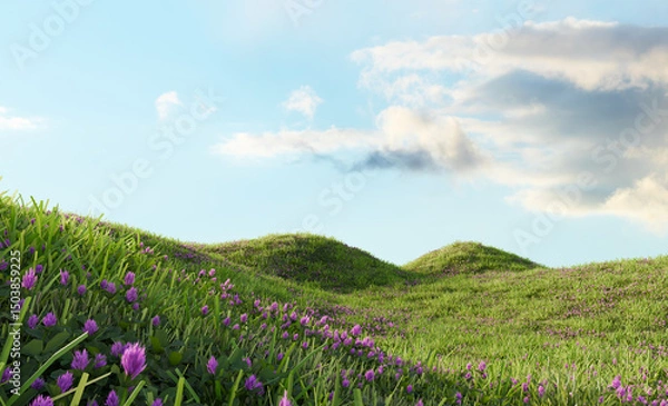 Fototapeta Hills with grass Under Clear Sky. 3D rendering.	
