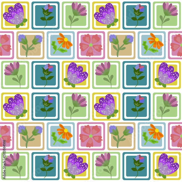 Obraz Beautiful seamless floral pattern with vibrant wildflowers in purple, orange, pink, and blue on a dark background. This elegant and bold botanical design is great for fabric prints, stationery