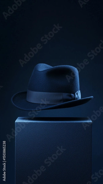 Fototapeta A navy blue hat in a front-facing angle, sitting on a studio pedestal 