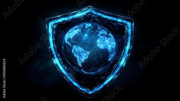 Fototapeta Digital Shield with Earth Graphic in Blue Light on Dark Background