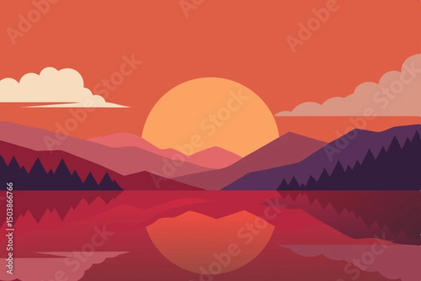 Fototapeta serene lake with mirror reflection of sunrise sky background