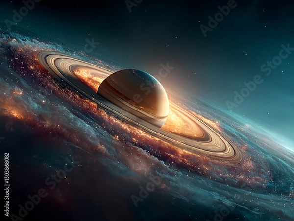 Fototapeta a planet with a stunning ring system, illuminated by a glowing light source. The rings are composed of numerous small particles, creating a mesmerizing visual effect against the dark backdrop of space