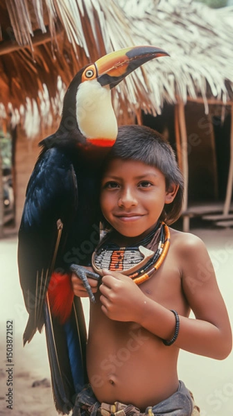 Fototapeta Indigenous boy with toucan on shoulder in tribal village.