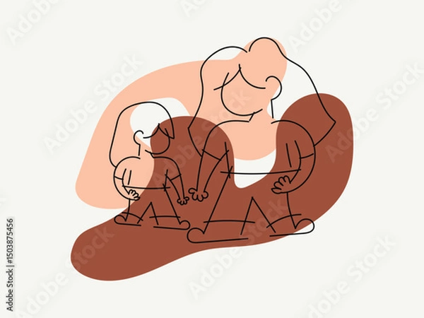 Fototapeta A mother with a little daughter in a simple line style, vector illustration