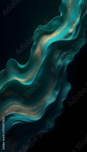 Fototapeta Luxurious abstract background with flowing dark blue and emerald green waves, golden glitter and soft dynamic curves on a dark background. Rich and elegant texture for high-quality branding, packaging