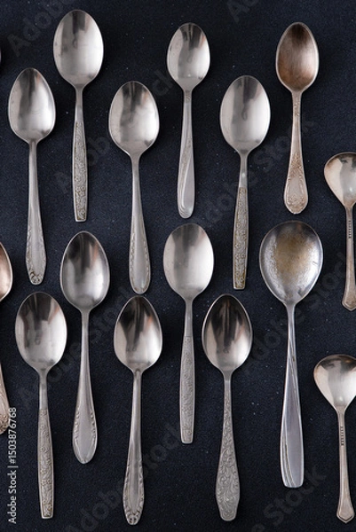 Fototapeta Set of different spoons. Silver cutlery on a black background. Spoon on the table flatware