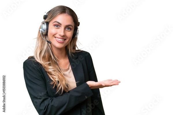 Fototapeta Telemarketer pretty Uruguayan woman working with a headset over isolated background presenting an idea while looking smiling towards