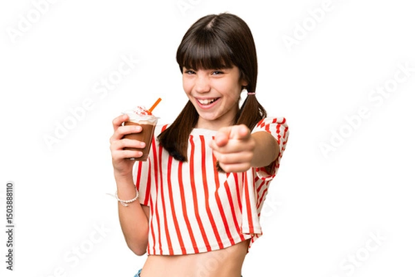 Fototapeta Young man with chocolat milkshake over isolated background points finger at you with a confident expression