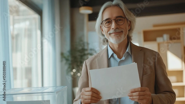 Fototapeta Senior professor with grey hair and beard, wearing glasses and beige jacket, holding blank sheet of paper near transparent ballot box in voting station, looking confident and responsible