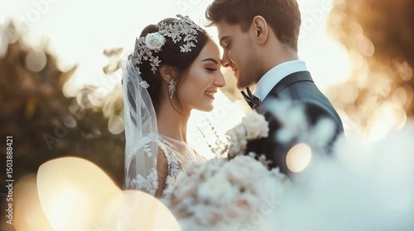 Fototapeta Bride and groom are touching foreheads and smiling, sharing a romantic moment together on their wedding day, with soft lighting and a bouquet of flowers