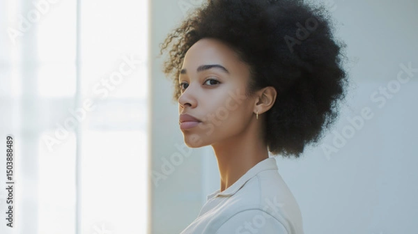 Fototapeta Portrait of a young african american businesswoman with voluminous afro hair standing in profile near a bright window in a modern office, conveying confidence and professionalism