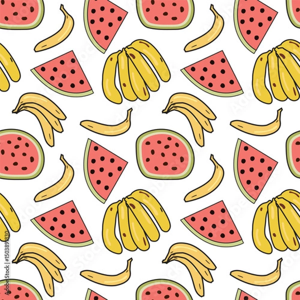Fototapeta banana and watermelons repeated pattern background design, vector seamless pattern of fruits