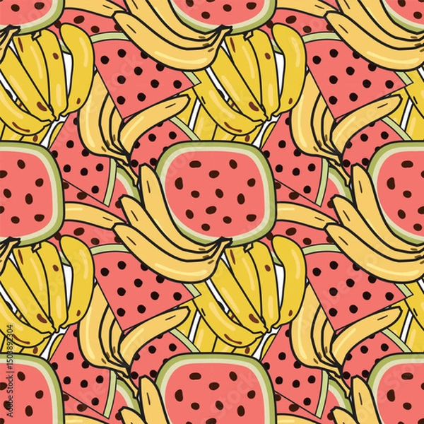 Obraz banana and watermelons repeated pattern background design, vector seamless pattern of fruits