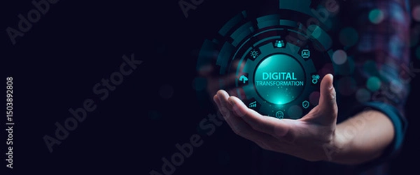 Obraz Hand holding glowing digital transformation icon with futuristic technology interface, AI chip, cloud computing, analytics and automation concept for innovation, smart business and digital strategy