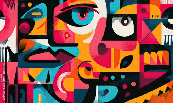 Fototapeta Colorful abstract geometric street art mural with stylized human faces overlapping flat vector illustration vibrant urban expression