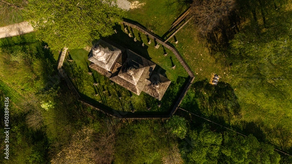 Fototapeta Aerial drone view of Orthodox church of Saint Cosmas and Saint Damian in Kotan, Poland.
