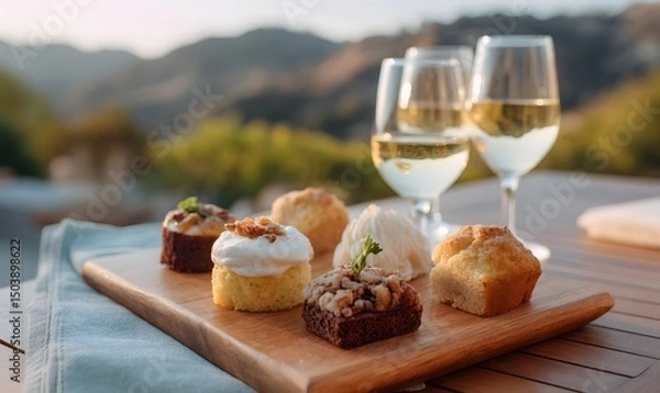 Fototapeta Overhead shot of assorted mini desserts displayed on a wooden serving board at a vineyard picnic, with wine glasses and scenic hills in the background. Generative AI