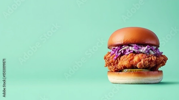 Fototapeta A mix of nutritious spices depicting a fried chicken slider with pickle and fiery coleslaw over brioche bun over pale green setting, Generative AI.