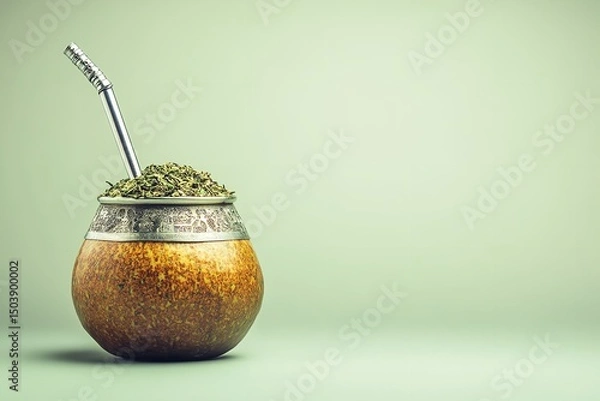 Obraz Lovely mate tea in classic calabash gourd with herbs over metal straw over pale green setting depicting herbal remedies and safe, Generative AI.