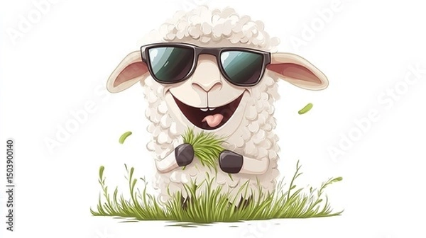Fototapeta A fun artwork of sheep in glasses gnashing grass and enjoying over stark white setting depicting coming Eid and festive hue, Generative AI.