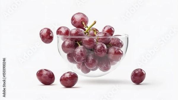 Obraz A arrayed clear dish of vivid ripe grapes rises in motion over stark white setting depicting summery vitality and organic goods, Generative AI.