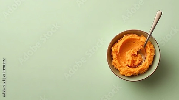 Obraz A sphere tiny ceramic dish laden with mashed sweet potato and metal spoon over pale green setting lovely hue delish food space, Generative AI.