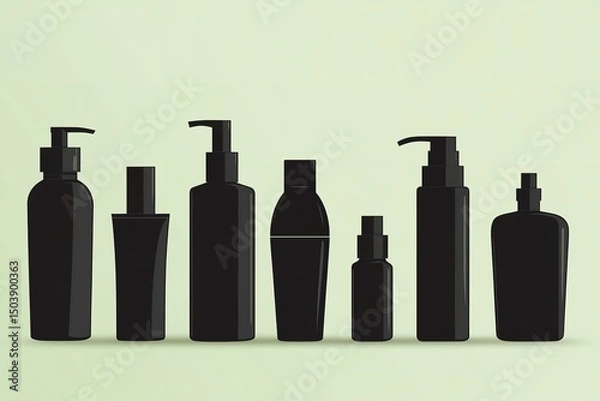 Obraz Bottles of cosmetics vector artwork of outline in black and white over pale green setting depicts wellness and appeal growth hue, Generative AI.
