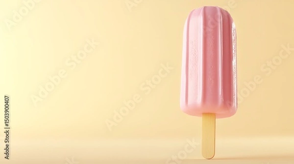 Obraz Over pale yellow setting one tiny pink popsicle with a stick pointing erect depicts cool summery delight delish food space, Generative AI.