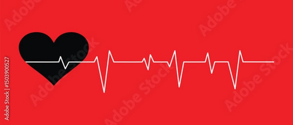 Fototapeta Heart beat graph in white color with black love symbol. Heart pulse, heartbeat line in white. Heartbeat design vector. White heartbeat line graph icon on red background. World heart day. 