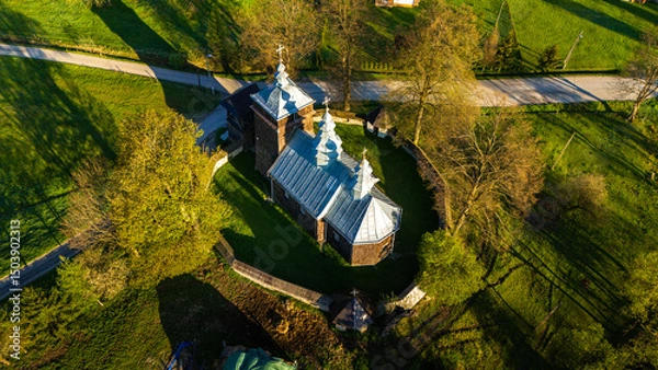 Fototapeta Aerial drone view of Orthodox Church of the Care of Our Lady in Zdynia, Poland.
