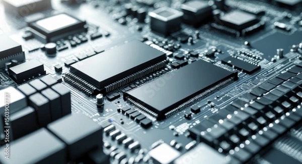 Fototapeta Detailed Closeup of a Modern Computer Circuit Board with Chips and Components.