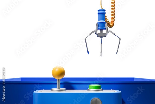 Fototapeta Claw machine joystick and control button with mechanical grabbing arm suspended above empty blue container on white background. Concept of choice and chance. 3D Rendering