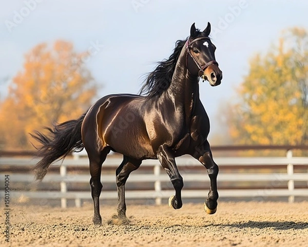 Fototapeta A majestic black horse gallops across a serene landscape, showcasing its strength and grace