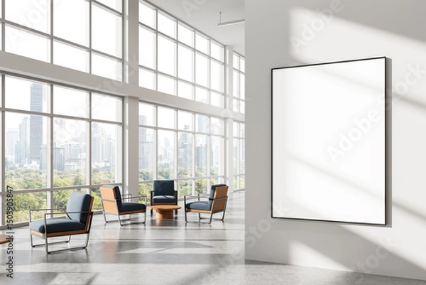 Fototapeta Blank poster mockup on clean white wall in bright modern office interior with large windows and cityscape view in background for advertising concept. 3D Rendering