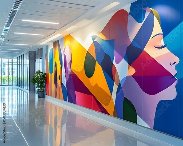 Obraz A vibrant mural adorns a modern office hallway, showcasing abstract shapes and colors. This artistic design enhances the workspace environment and inspires creativity.