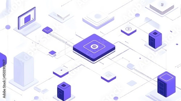 Fototapeta Abstract digital technology background featuring interconnected devices and servers with a modern design. Ideal for illustrating concepts of data, networking, and innovation.