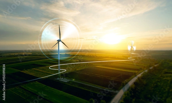 Obraz Digital graphic work on green energy power production.Renewable energy design.Windmill and graphic diagram of air currents that produce green energy. Green energy power production it is future.	
