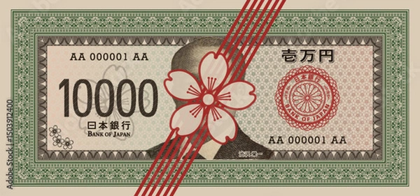 Fototapeta Vector obverse of fictional game banknote of 10000 yen. Pixel portrait. Japanese paper money. Red seal and patterned frames. Bank of Japan. Ten thousand. Part 7