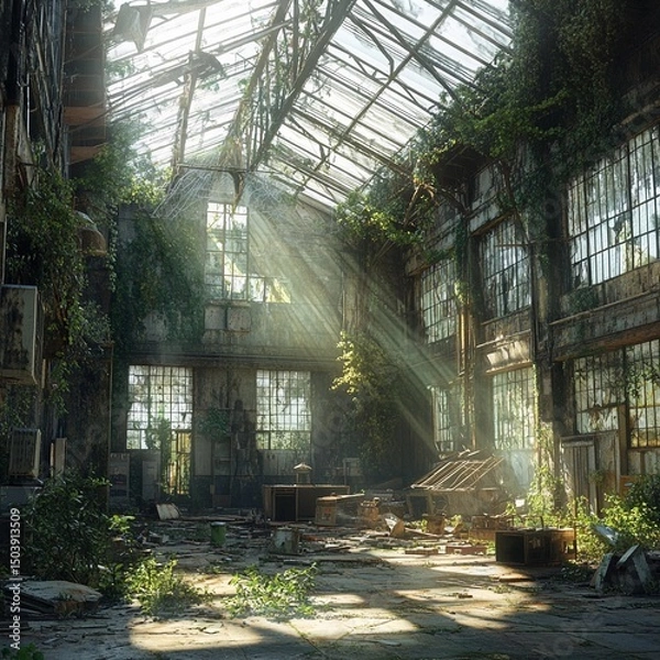 Fototapeta Overgrown greenhouse filled with sunlight and nature reclaiming urban decay at an abandoned location