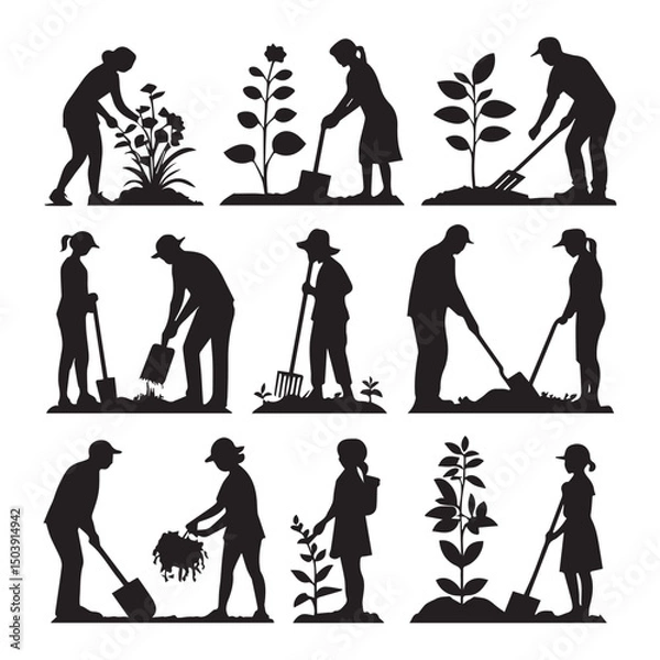 Obraz set of black various gardening people vector silhouettes isolated on white background